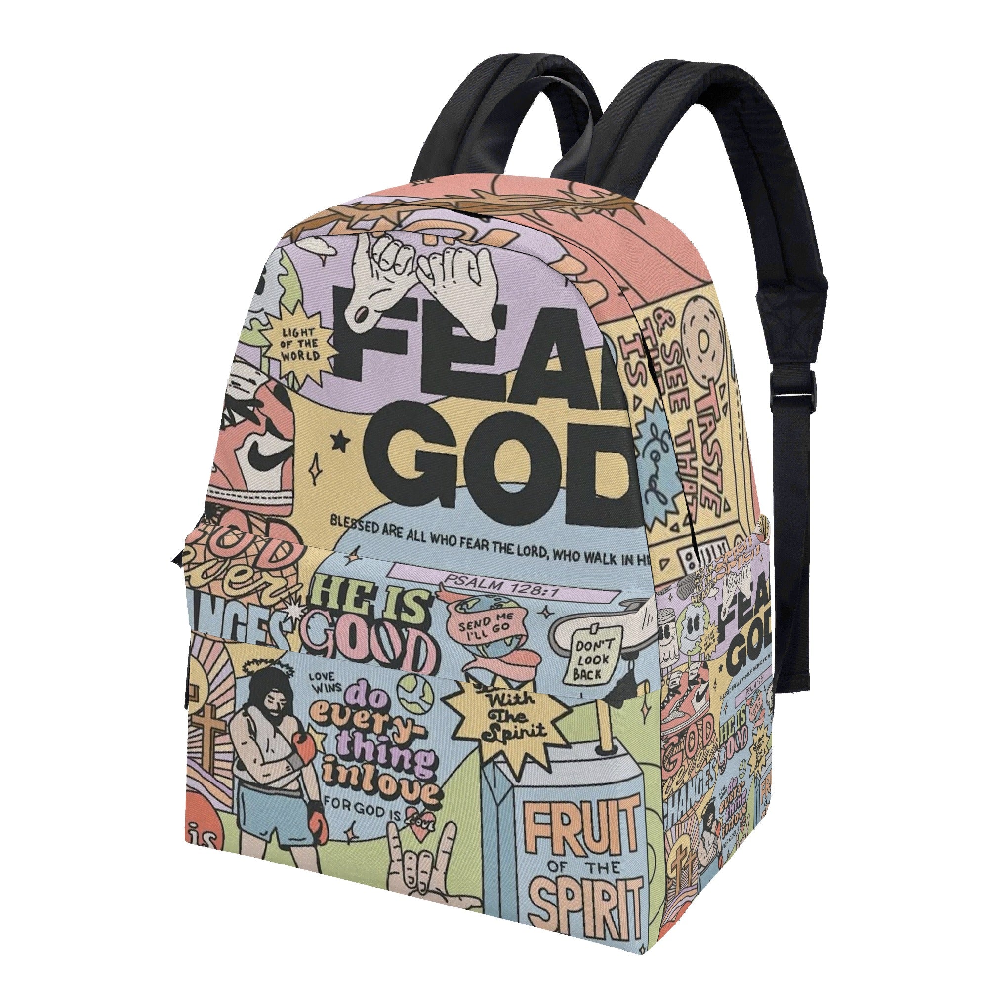 Fear God Christian Backpack, Bold Bible Verse Comic Book Style Bag, Faith Streetwear School Backpack, Religious Gift for Teens & Men.PLAF55